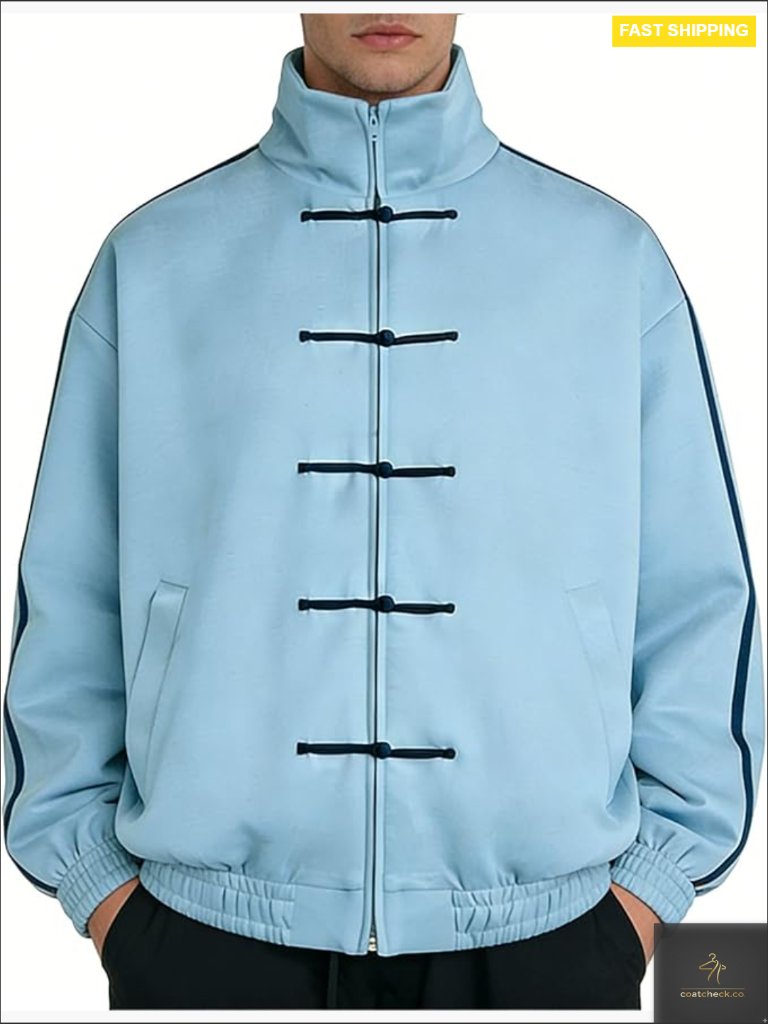 Oversized Stand Collar Zip Up Faux Suede Track Jacket Unisex Y2k Striped Cuff